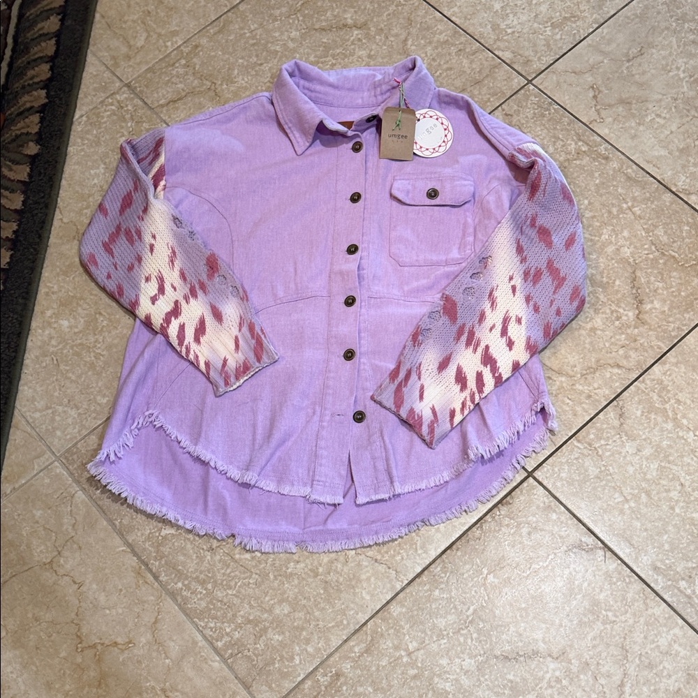 Umgee Lavender Button-Down Shirt with Patterned Sleeves